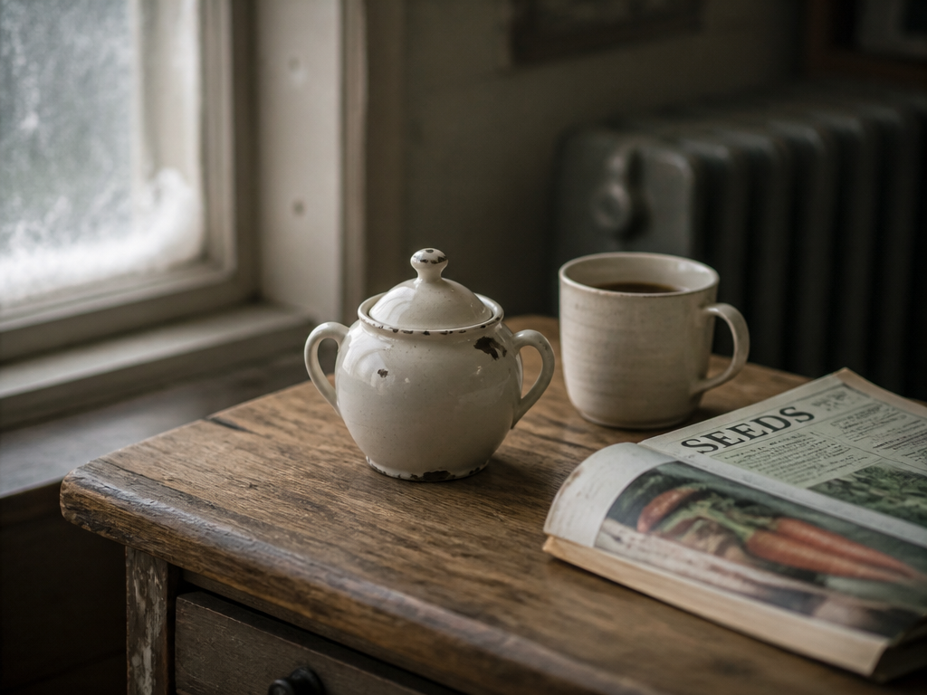 Chipped white sugar bowl pushed across a worn oak table beside an open seed catalog in pale winter window light