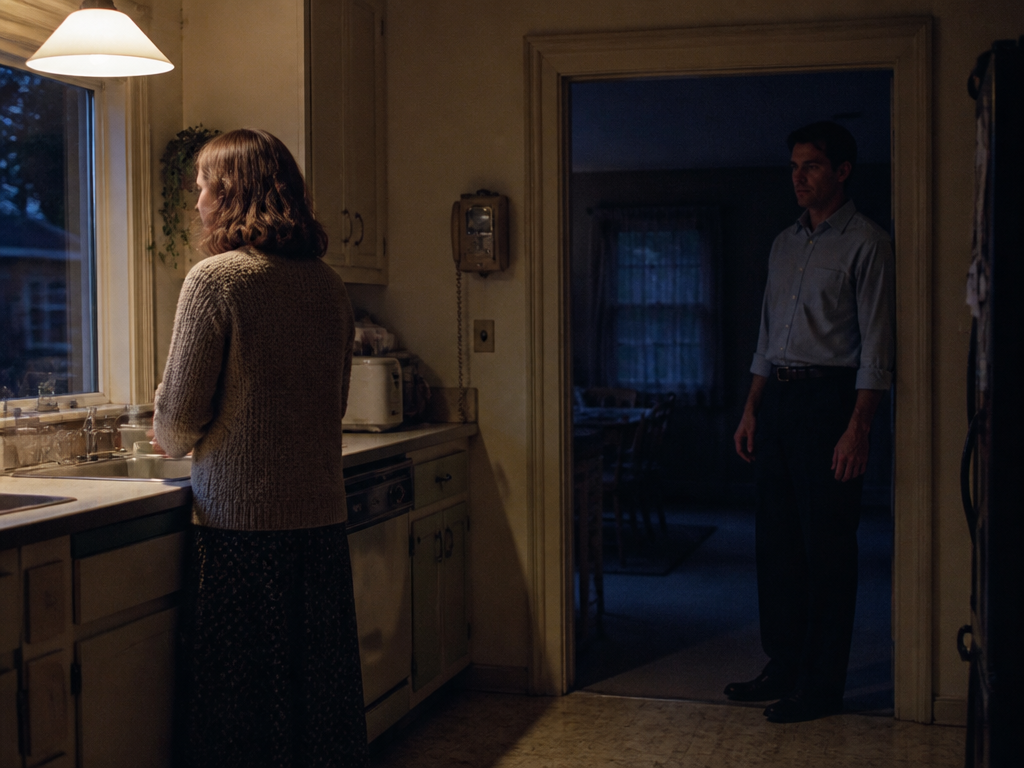 Woman at a 1990s kitchen counter facing a dark window while a man stands empty-handed in the doorway apart from her