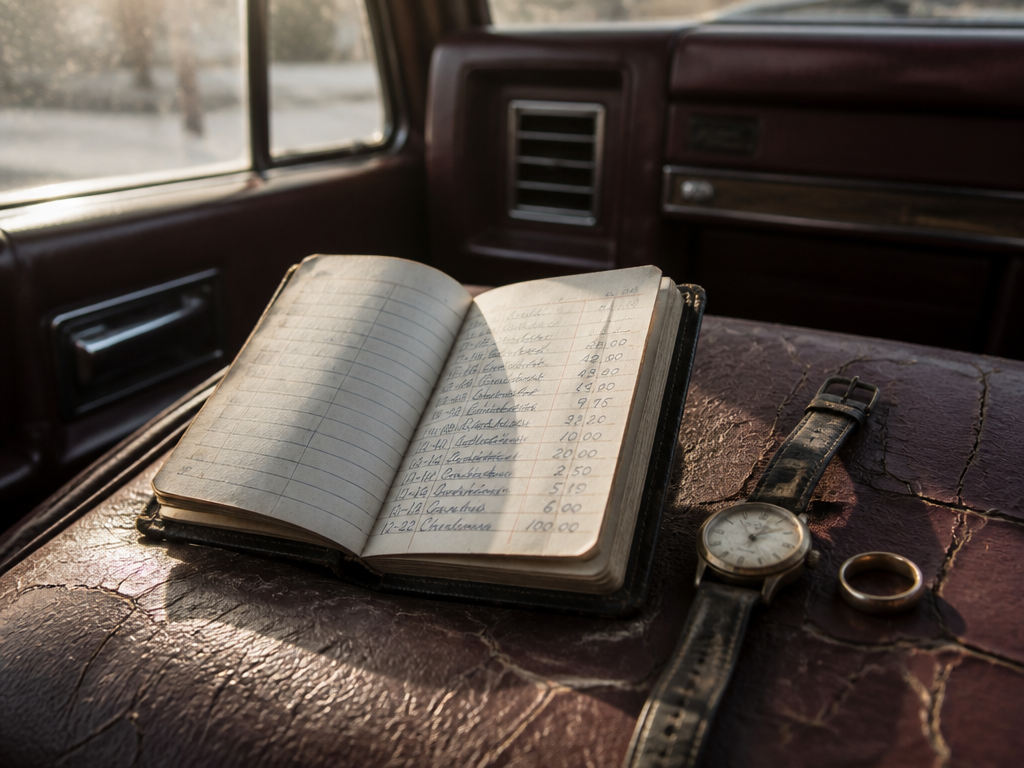 Small worn vinyl ledger open on a car seat beside a stopped wristwatch and gold wedding band in afternoon light