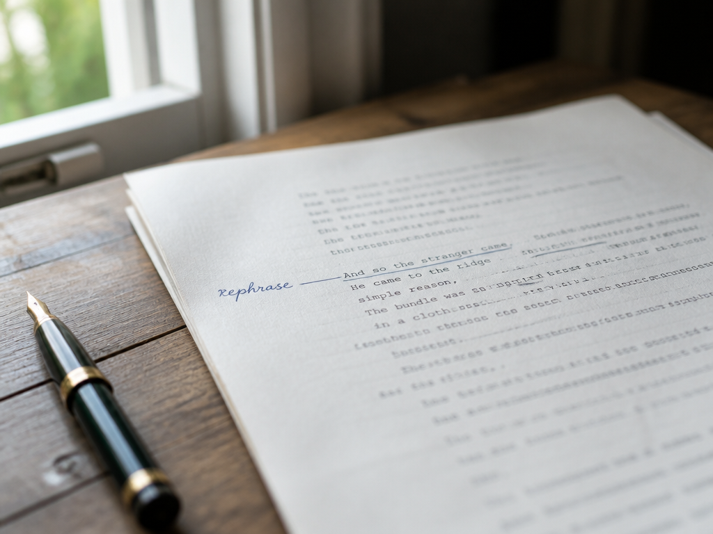 Handwritten manuscript page on a kitchen table with a pen set down beside a blue margin note in morning light