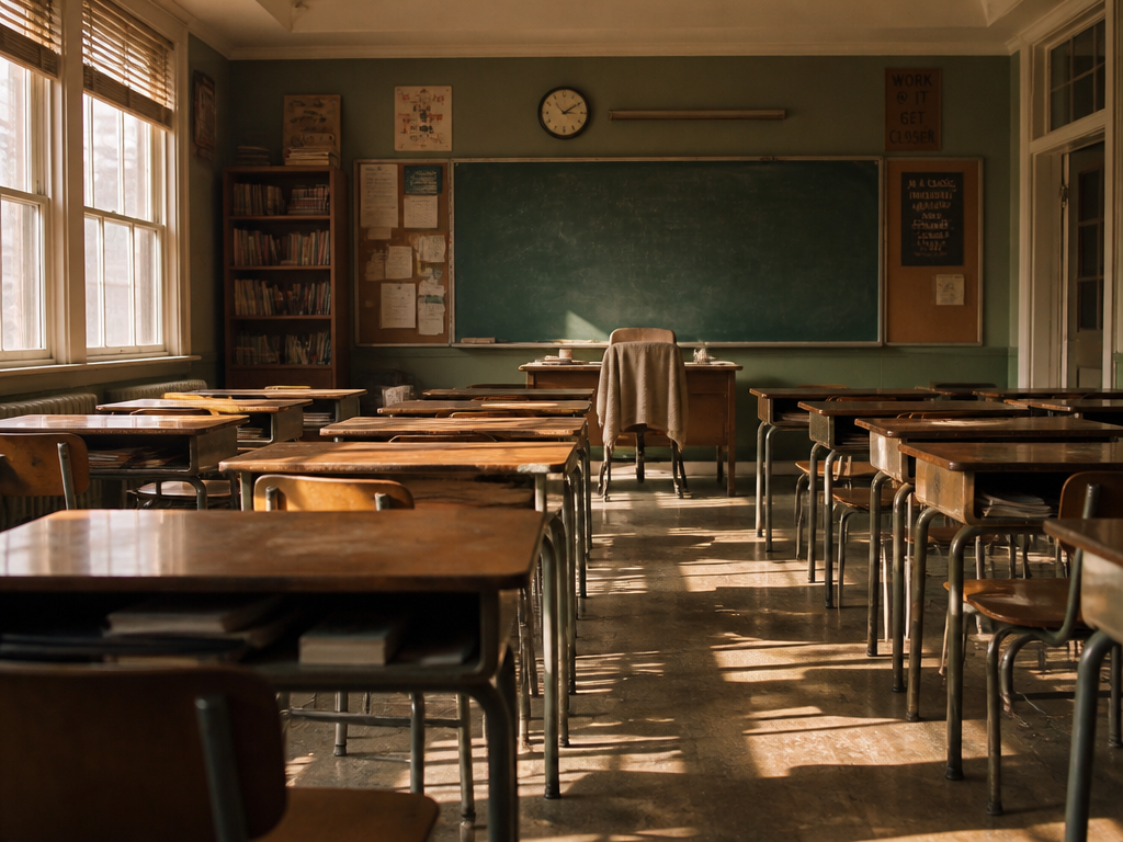 Empty vintage classroom at dusk with a pale cardigan draped on the teacher's chair and sunlight across the desks