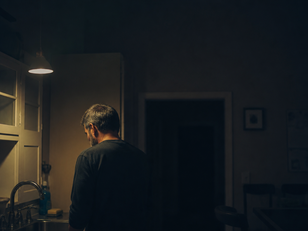 Person seen from behind standing alone at a dimly lit kitchen sink late at night, dark hallway beyond